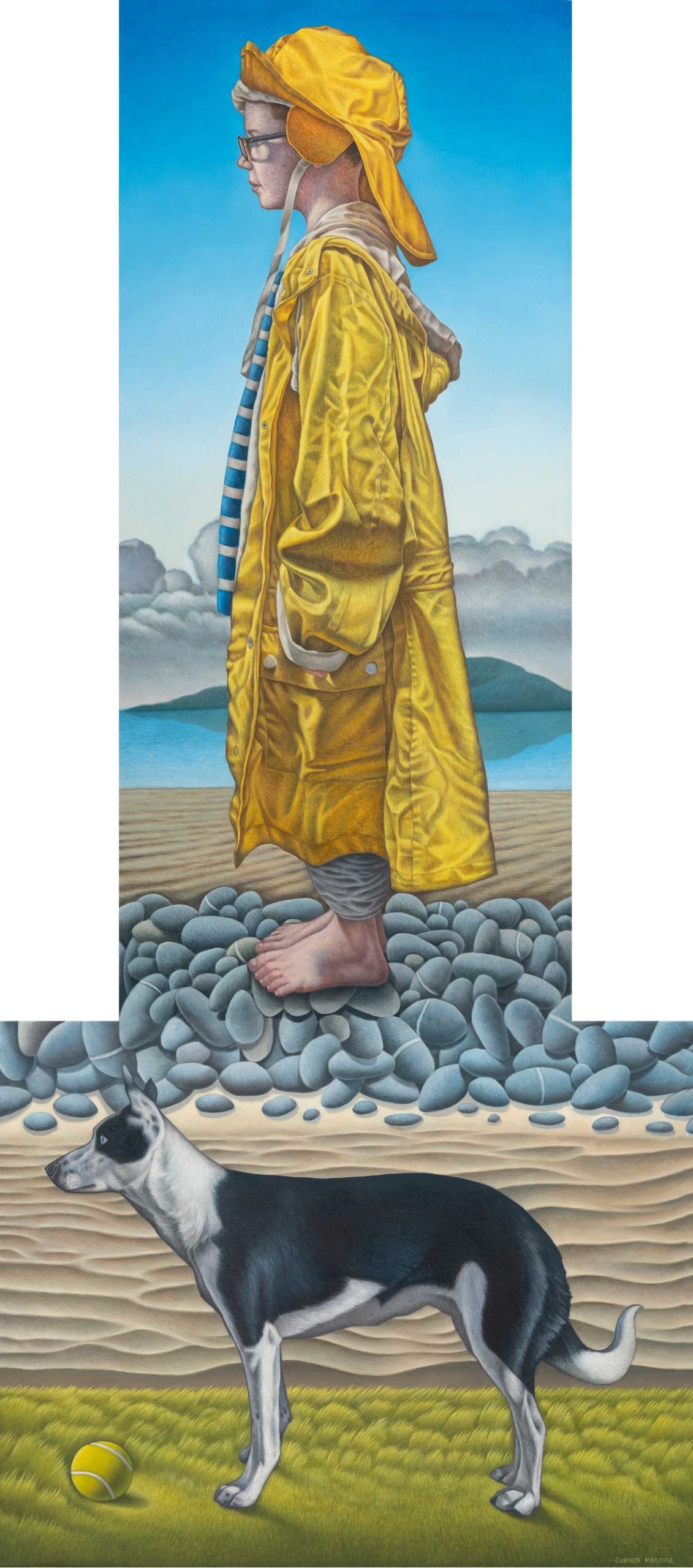 Boy, dog, border, collie, connor, maguire, oil_painting, linen, realism, surrealism, tyrella_beach, Co.down, Ireland,
