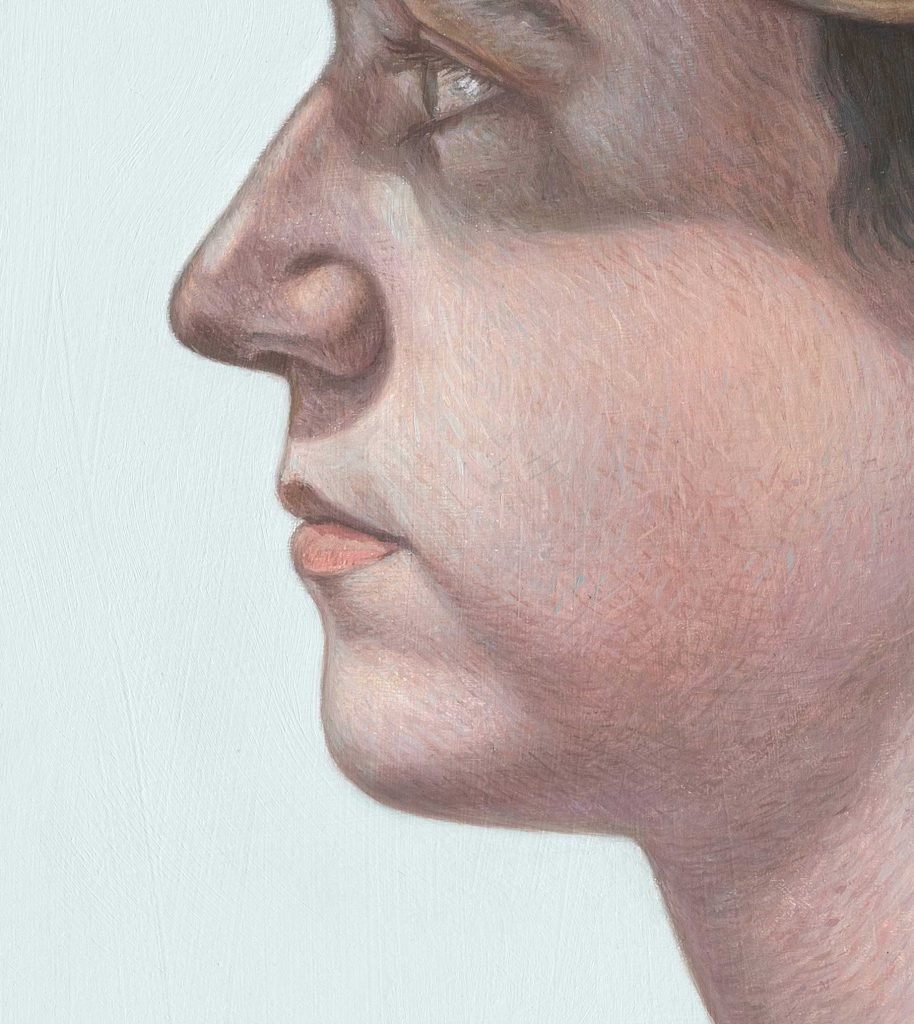 Close up image showing the techniques used for a painting by Connor Maguire entitled the young Irishman